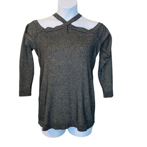 Torrid Cross Neck Cold Shoulder Lurex Pullover Sweater Black Gold Glitter Sz 1X - Picture 2 of 14